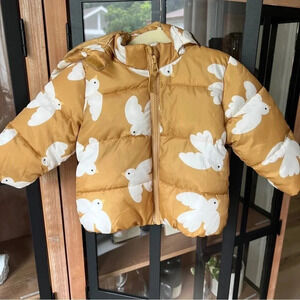 H&M baby puffer coat jacket hoodie zip up mustard birds girl quilted